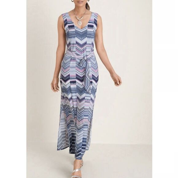 Chico's Striped Sleeveless Maxi Dress Sz 1 Medium Modest Vacation‎ Maximalist - Picture 3 of 6